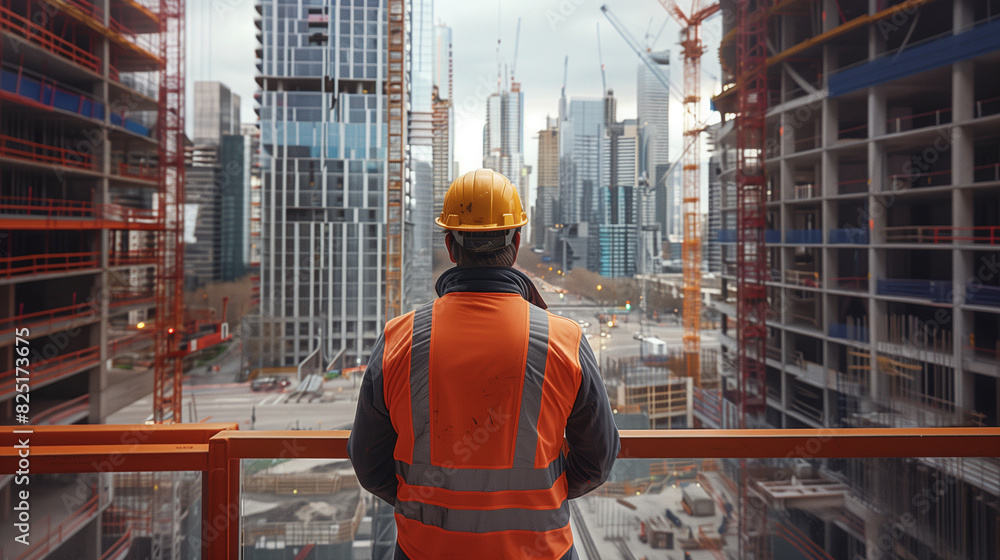 A civil engineer stands looking at the construction site.