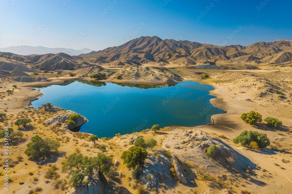 Breathtaking Arid Desert Landscape with Serene Turquoise Lake and Rugged Mountains in the Background