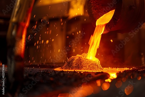 Glowing Molten Lava Flowing from a Volcanic Eruption in an Industrial Metalworking Foundry photo