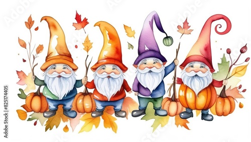 Watercolor gnomes, pumpkins, autumn leaves on a white isolated background, Happy Halloween holiday, different Halloween elements on a white background.
