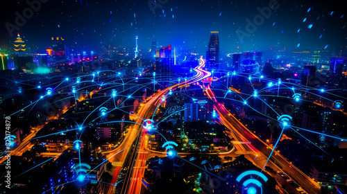 Modern city with wireless network connection and city scape concept. Wireless network and Connection technology concept with city background at night.
