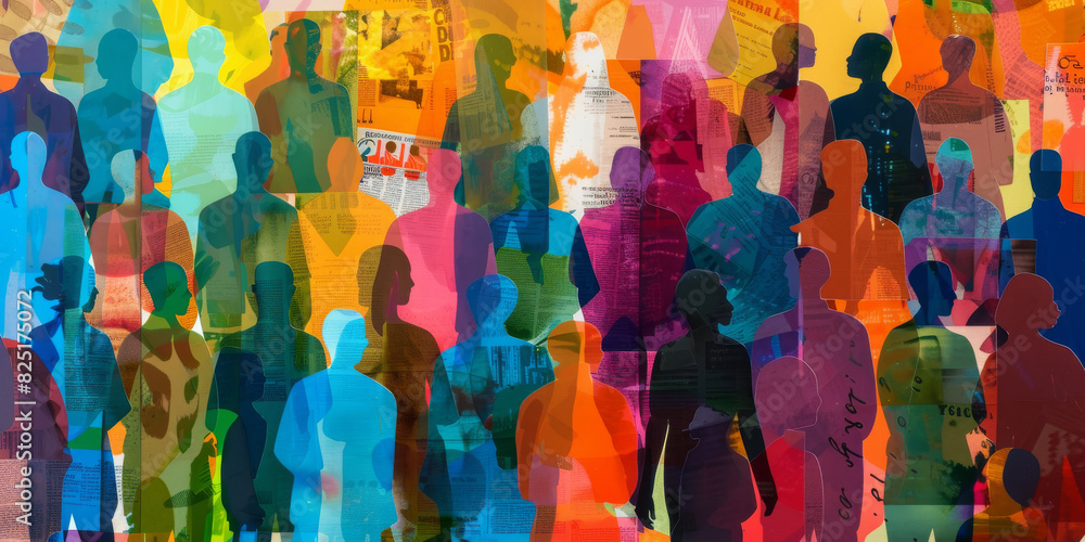 Naklejka premium Colorful Overlay of Diverse Silhouettes Representing Multicultural Society