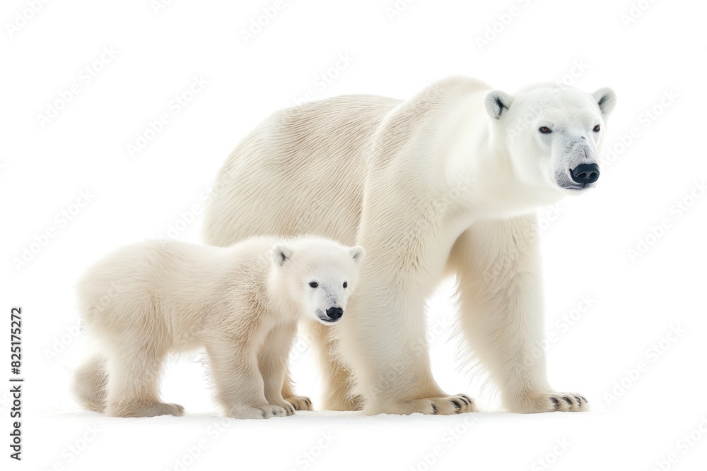 Fototapeta premium Mother and baby polar bears standing on white background