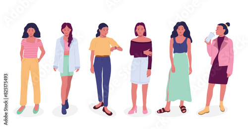Modern flat vector illustration of diverse young women in stylish outfits. Trendy female characters in different poses. Ideal for branding, social media, web, and editorial design.