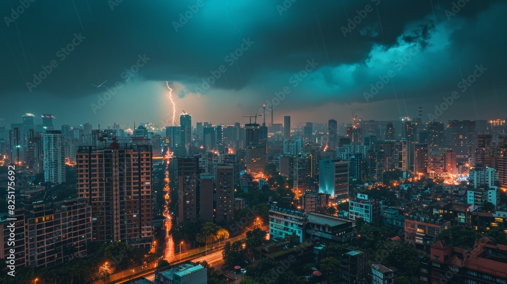 Fototapeta premium Cityscape with lightning storm at night for dramatic or futuristic designs