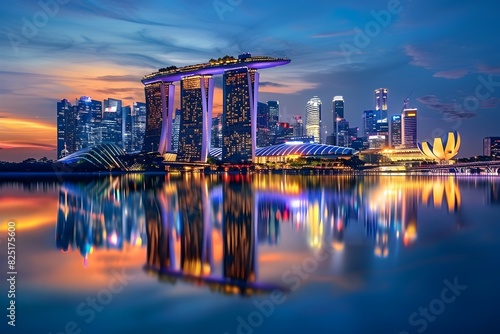Captivating Skyline of Singapore s Iconic Marina Bay Reflections at Dusk photo