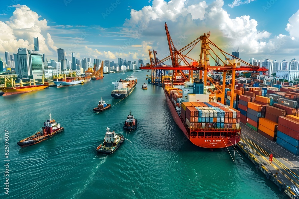 Obraz premium Bustling Container Port with Towering Cranes and Cargo Ships Docked Along a Vibrant Cityscape
