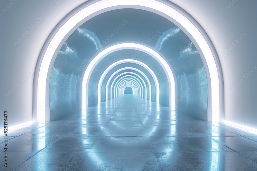 Fototapeta premium Abstract tunnel background with white glowing neon light lines and futuristic. High speed train on road. Technology wallpaper. Backdrop
