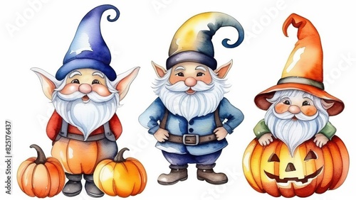 Watercolor gnomes, pumpkins, autumn leaves on a white isolated background, Happy Halloween holiday, different Halloween elements on a white background. © екатерина лагунова