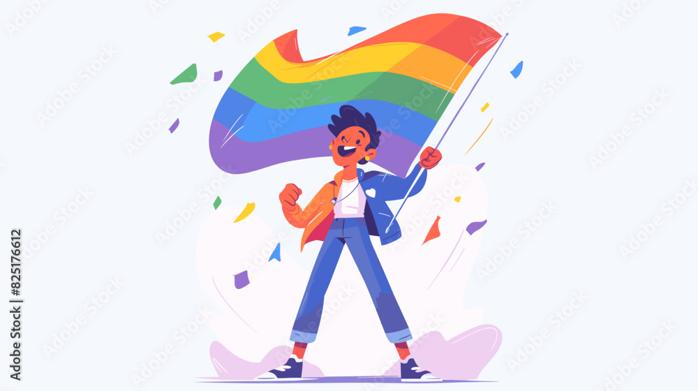 A young non-binary person with short hair and casual clothing, joyfully holding a rainbow flag high above their head, standing confidently on a white background in a simple flat design vector A young non-binary person with short hair and casual clothing, joyfully holding a rainbow flag high above their head, standing confidently on a white background in a simple flat design vector