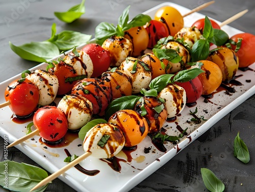 Grilled caprese salad skewers with cherry tomatoes and mozzarella