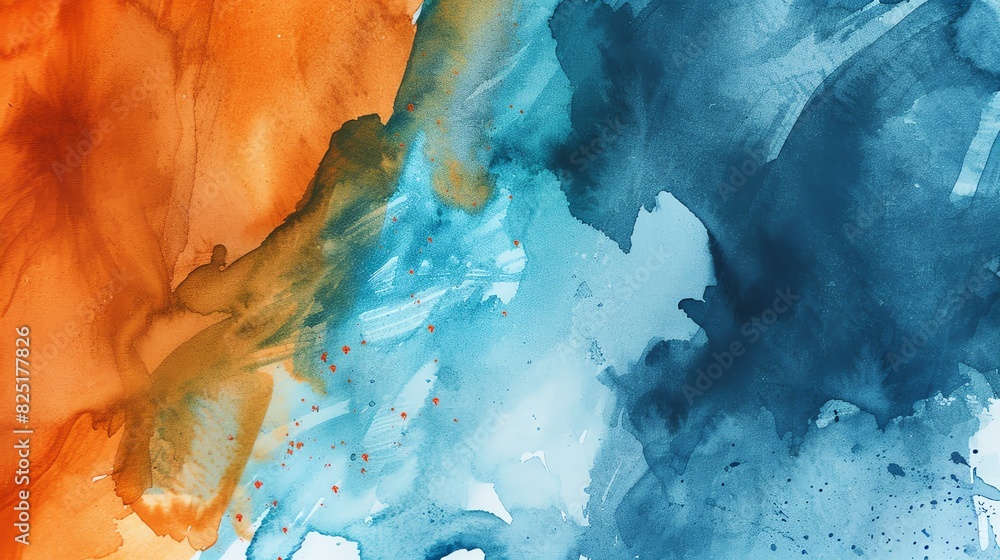 Fototapeta premium Watercolor texture with a blend of cool blues and warm oranges, creating a vibrant contrast