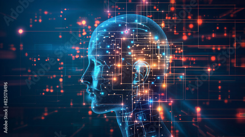 Artificial intelligence in humanoid head with neural network thinks. Technology background concept.