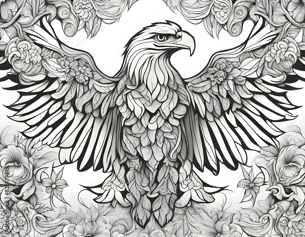 Fototapeta premium Artistic coloring page of eagle with intricate patterns and floral backdrop