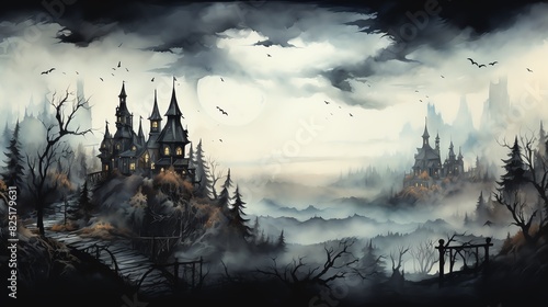 Watercolor painting of a spooky castle on a misty hilltop.