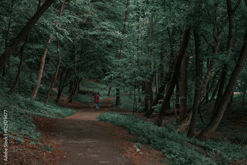 dusk morning forest trail atmospheric environment with unrecognizable person in red coat back to camera far from shooting place