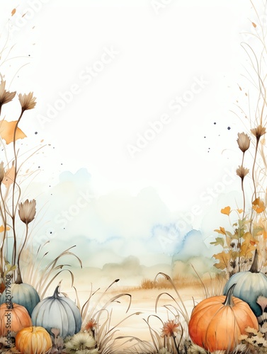 Watercolor painting of autumn pumpkins and foliage in a field.