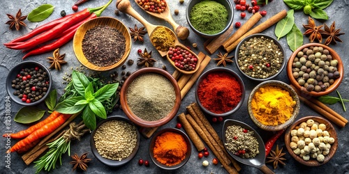 Knolling spices and herbs on a black stone table top. Food and cuisine ingredients. The concept of healthy and tasty food. Background for menu, invitation, card, banner, flyer
