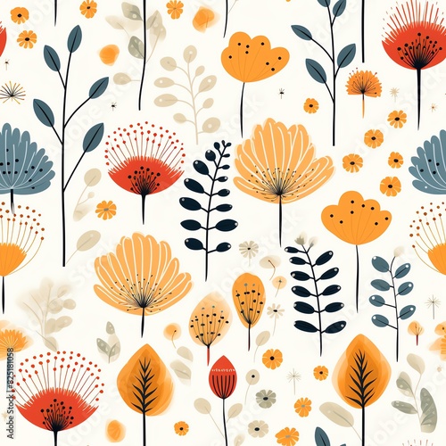 Scandinavian Floral Pattern  A seamless pattern with minimalist  stylized flowers and foliage  using a limited color palette and simple  repetitive shapes.