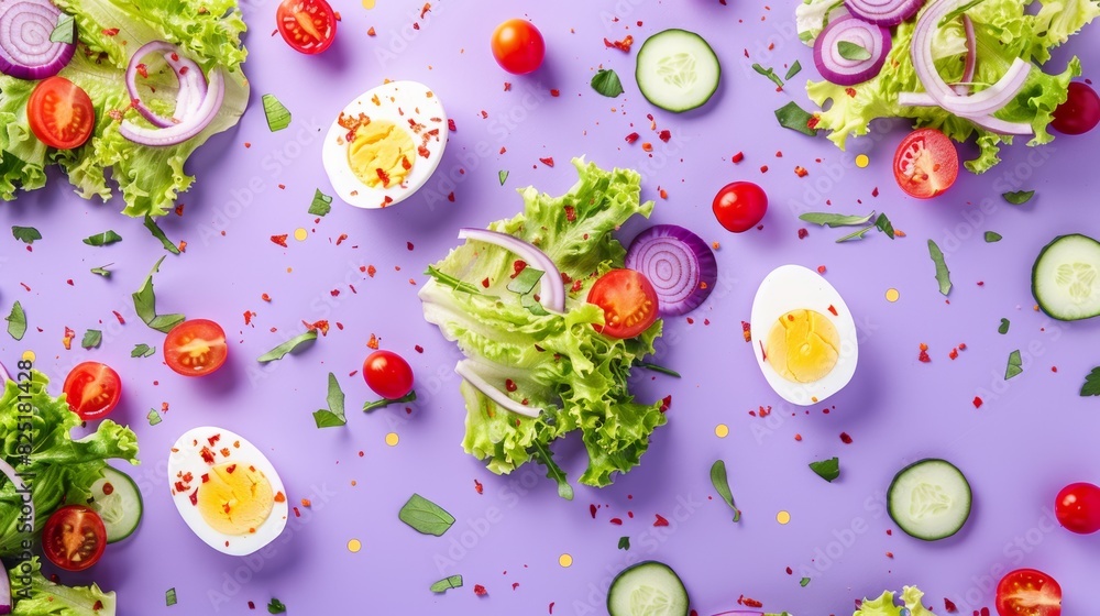 Fun and Playful Advertising Banner of Cobb Salad Ingredients on Bright Purple Background - Perfect for Family-Friendly Restaurant Fun and Playful Advertising Banner of Cobb Salad Ingredients on Bright Purple Background - Perfect for Family-Friendly Restaurant