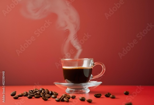 A glass cup of hot coffe and smoke on red background slighty high angle view a pile coffe beans is backgrond minimal,generative by ai photo