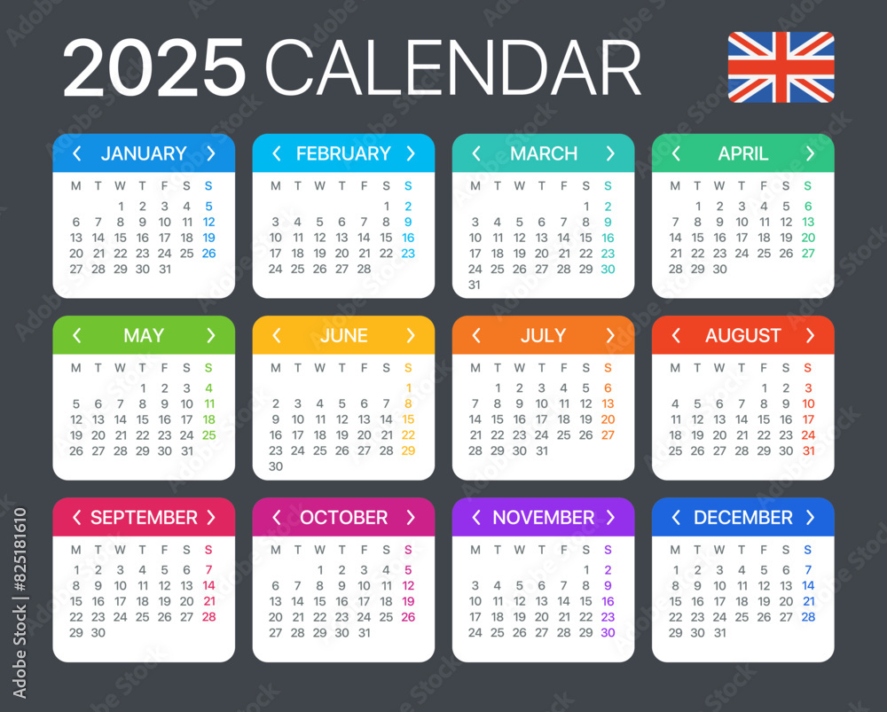2025 Calendar - vector template graphic illustration - United Kingdom version 2025 Calendar - vector template graphic illustration - United Kingdom version