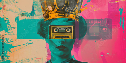 Retro Fusion Art Woman with Cassette and Crown in Vibrant Pop Art Collage