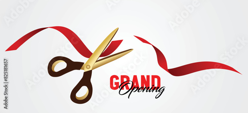 red ribbon cut with scissors grand opening ceremony vector poster