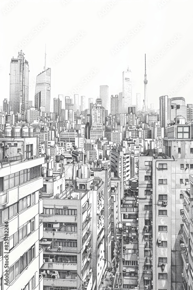 Urban Cityscape Sketch of High Rise Buildings and Skyscrapers in a Metropolitan Area