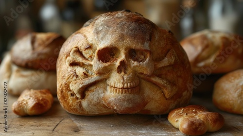 Fresh and crusty bread in the shape of a skull. Created with generative AI.