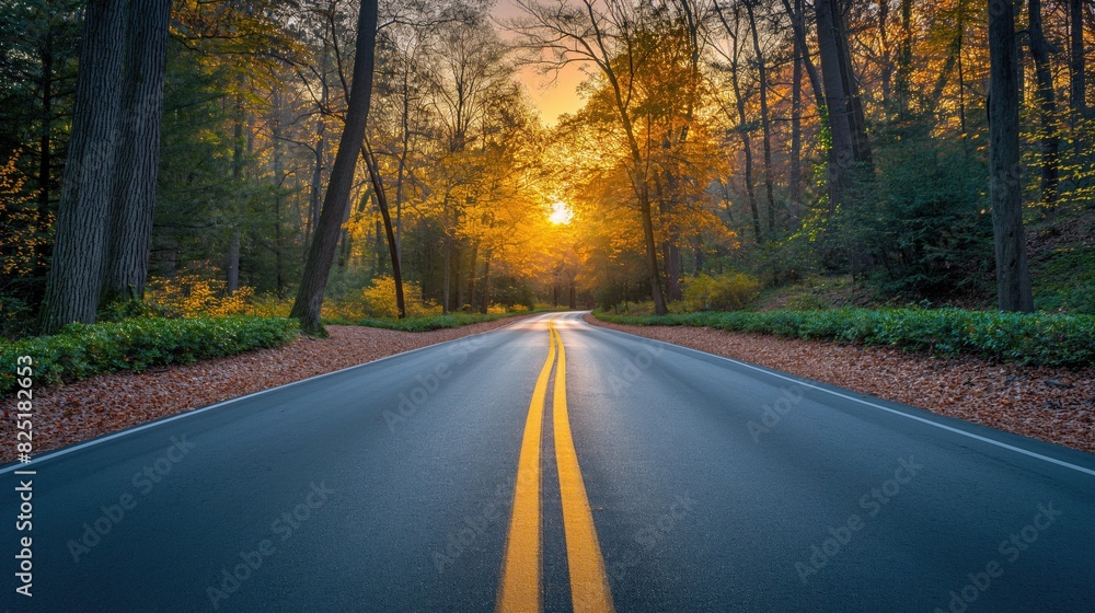 Fototapeta premium empty road in a forest at sunset. Created with Generative AI