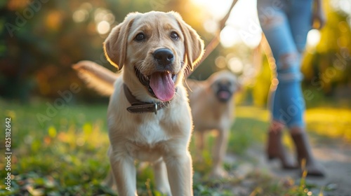 labrador puppy happily obeys trainers commands during backyard obedience training, showcasing successful behavior modification techniques for pet photo