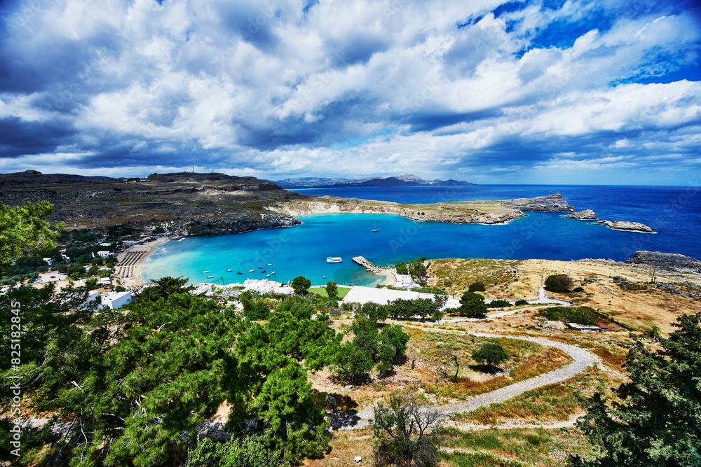 View of Lindos beach and coastline, Lindos, Dodecanese, Rhodes, Greece, Europe View of Lindos beach and coastline, Lindos, Dodecanese, Rhodes, Greece, Europe