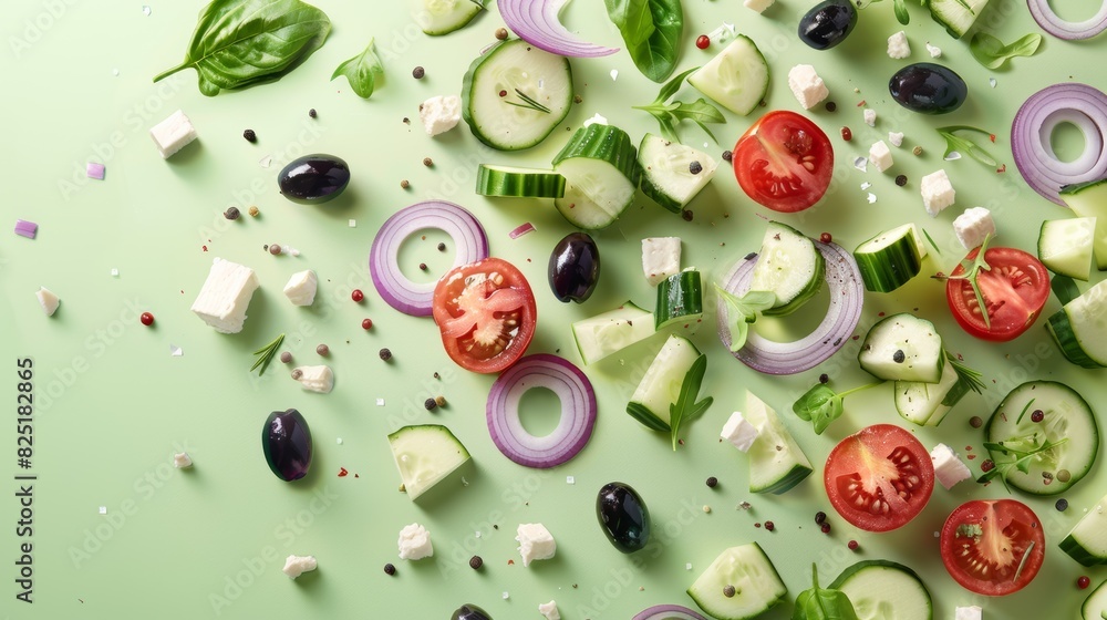 Dynamic Greek Salad Ingredients Composition for Advertising Design - Fresh Vegetables, Feta Cheese, Vibrant Colors Dynamic Greek Salad Ingredients Composition for Advertising Design - Fresh Vegetables, Feta Cheese, Vibrant Colors
