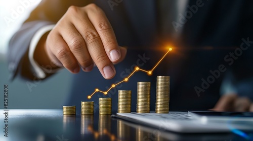 Businessman Demonstrating Financial Growth Increase with Stacked Coins and Graph