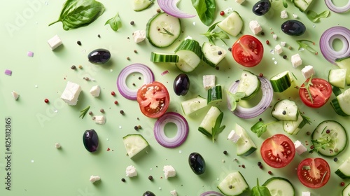 Dynamic Greek Salad Ingredients Composition for Advertising Design - Fresh Vegetables, Feta Cheese, Vibrant Colors