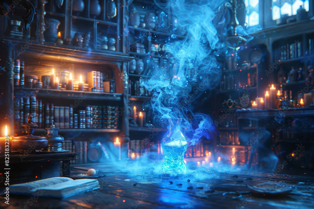 Enchanted Laboratory with Glowing Blue Magic and Alchemical Potions in Mystical Candlelit Library