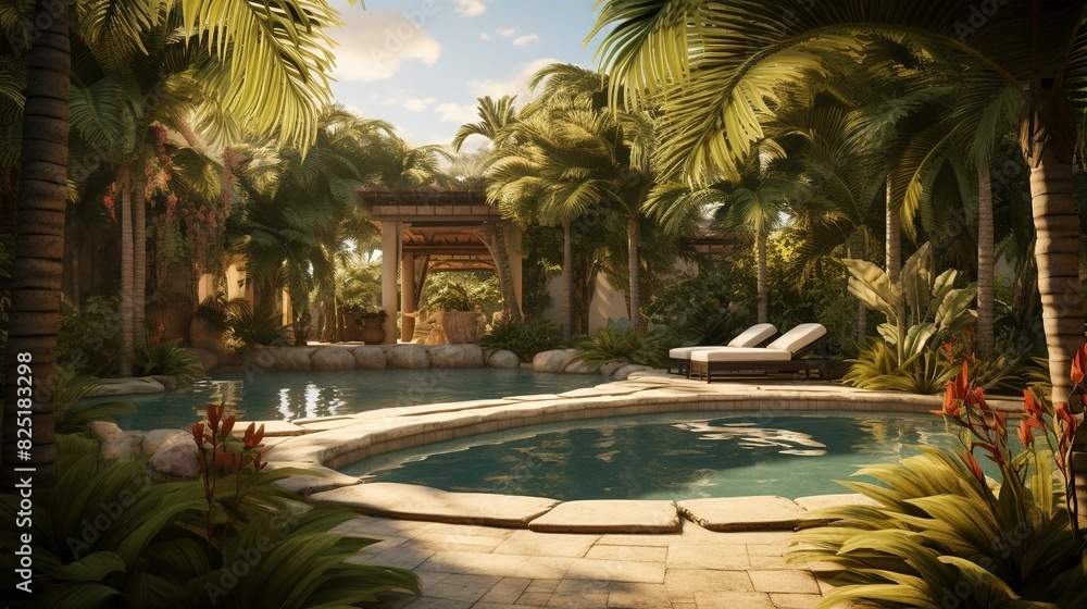 Fototapeta premium photo of a backyard oasis with a pool and palm trees.