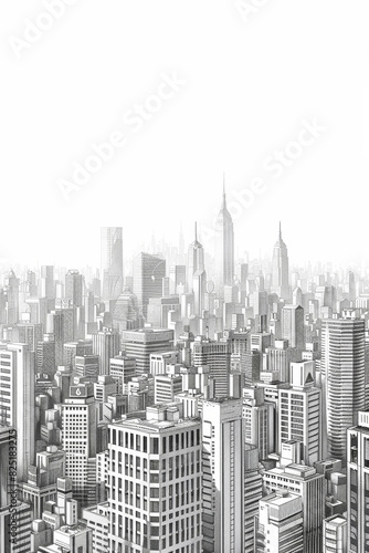 Monochrome Cityscape with High Rise Buildings and Urban Fog at Dawn