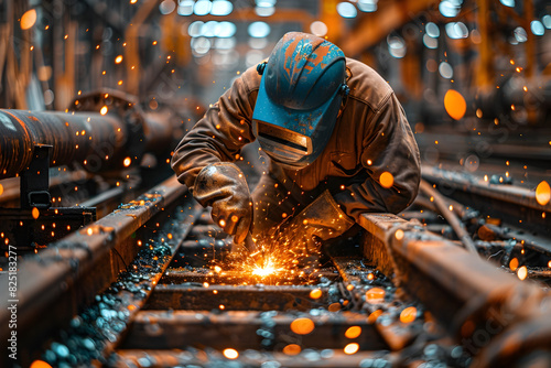 Industrial Craftsmanship Skilled Welder Seamlessly Joining Heavy Steel Beams photo