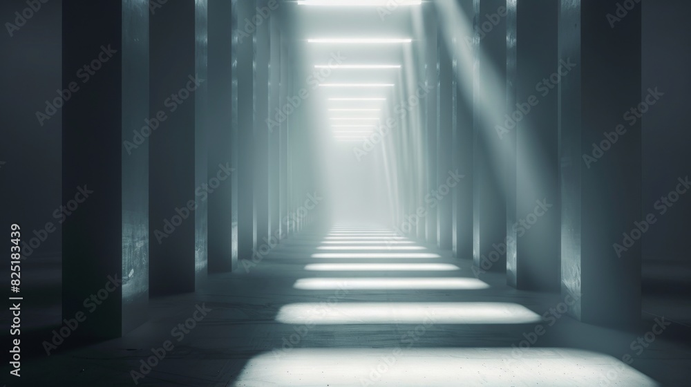 A long, dark hallway with a few lighted pillars