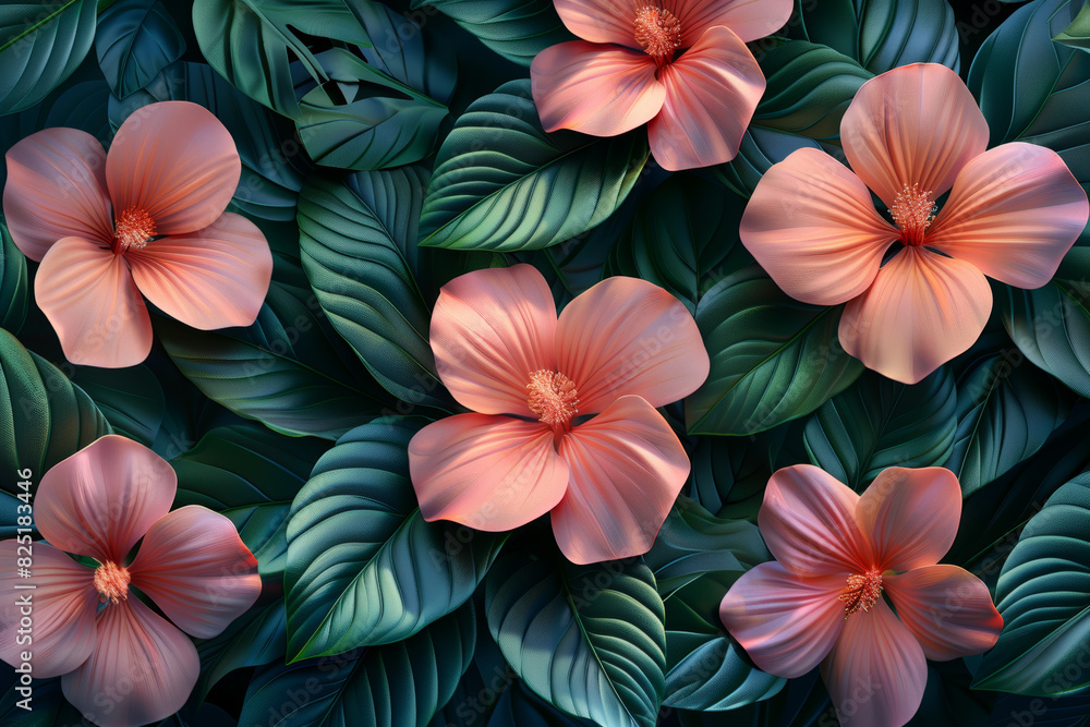 Obraz premium Vibrant Close Up of Pink Hibiscus Flowers Among Lush Green Leaves