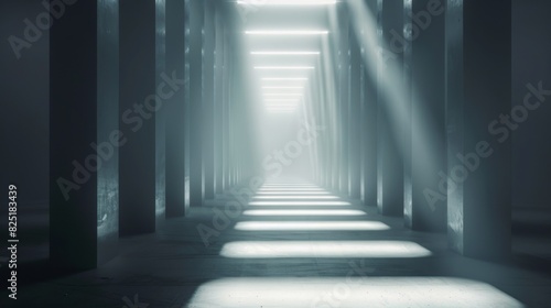 A long, dark hallway with a few lighted pillars