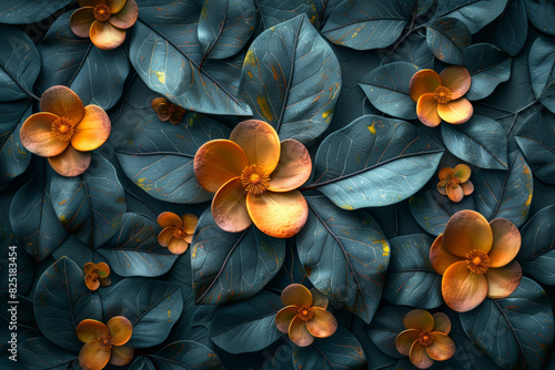 Vibrant Orange Flowers on Dark Blue Leaves Background Nature Art