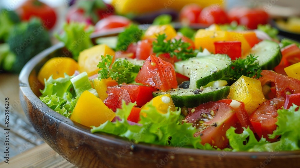 Healthy Eating: Depict a colorful summer salad being prepared with fresh vegetables and fruits, emphasizing nutrition and healthy living. Healthy Eating: Depict a colorful summer salad being prepared with fresh vegetables and fruits, emphasizing nutrition and healthy living.