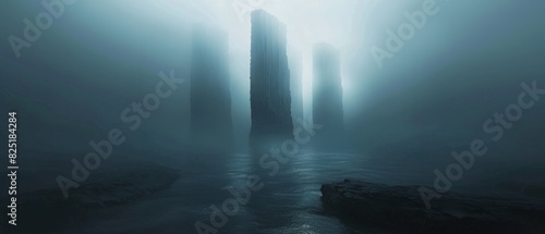 A foggy  misty landscape with three large stone pillars in the foreground