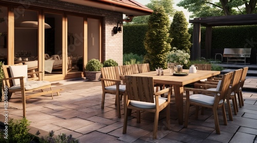 photo of a backyard patio with outdoor dining furniture. © Magic Stock