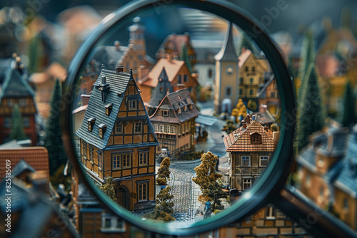 Miniature Model Village Captured through Magnifying Glass Highlighting Intricate Details of Tiny Buildings