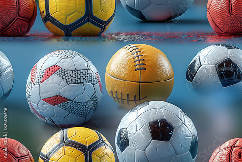 Abstraction for advertising. sports balls balls on the background of the sports ground. 3D rendering illustration.