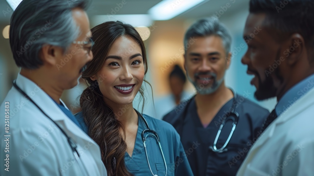 diversity in healthcare, various medical specialists, including a black female surgeon, a hispanic male nurse, and a south asian physician, discussing a treatment plan in a busy hospital corridor diversity in healthcare, various medical specialists, including a black female surgeon, a hispanic male nurse, and a south asian physician, discussing a treatment plan in a busy hospital corridor